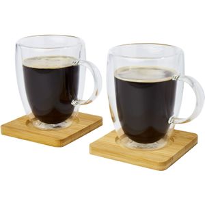 Seasons dubbelwandige koffieglazen 350 ml - set van 4x stuks - met bamboe onderzetters - Espresso glazen