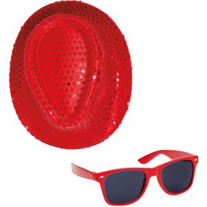 Carnaval verkleed set compleet - hoedje en zonnebril - rood - heren/dames - glimmend - verkleedkleding