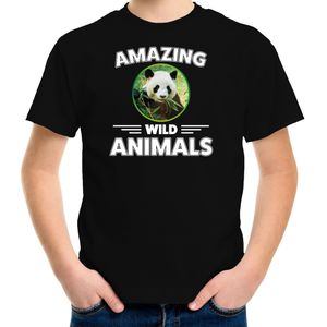 T-shirt panda - zwart - kinderen - amazing wild animals - cadeau shirt panda / pandaberen liefhebber