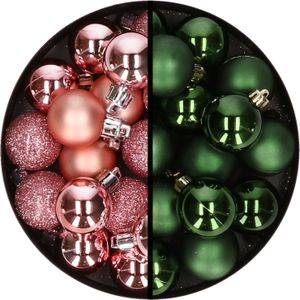Kerstballen 36x stuks - 3 en 4 cm - roze en donkergroen - kunststof