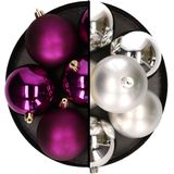 Decoris Kerstballen - 12x st - 8 cm - zilver en paars - kunststof