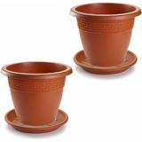 4x stuks bloempotten met onder opvangschaal in terra cotta kleur - rond diameter 35 cm - Plantenpotten/bakken