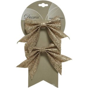 8x stuks decoratie strikjes/strikken champagne glitter op clip 18,5 x 14 cm - Kerstversiering