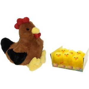 Pluche bruine kippen/hanen knuffel van 25 cm met 6x stuks mini kuikentjes 6,5 cm - Paas/pasen decoratie