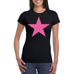 Bellatio Decorations Verkleed T-shirt voor dames - ster - zwart - roze glitter - carnaval/themafeest