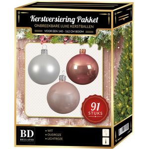 Kerstbal en piek set 91x wit-oud roze-lichtroze voor 150 cm boom - Kerstboomversiering