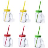 6x stuks Glazen Mason Jar drinkbekers met dop en rietje 500 ml - 2x geel/2x groen/2x rood - afsluitbaar/niet lekken/fruit shakes