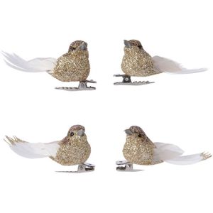 Glitter vogeltjes goud op clip 5 cm - Set van 12 - Kerstboom decoratie en versiering