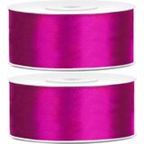 2x Hobby/decoratie fuchsia roze satijnen sierlinten 2,5 cm/25 mm x 25 meter - Cadeaulinten satijnlinten/ribbons- Fuchsia roze linten - Hobbymateriaal benodigdheden - Verpakkingsmaterialen