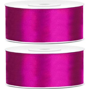 2x Hobby/decoratie fuchsia roze satijnen sierlinten 2,5 cm/25 mm x 25 meter - Cadeaulinten satijnlinten/ribbons- Fuchsia roze linten - Hobbymateriaal benodigdheden - Verpakkingsmaterialen