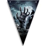 Halloween/Horror thema vlaggenlijn - 3x - kerkhof - kunststof - 400 cm - griezelige vlaggetjes versiering