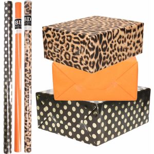 12x Rollen kraft inpakpapier/folie pakket - panterprint/oranje/zwart met gouden stippen 200 x 70 cm - dierenprint papier