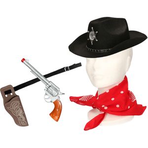 Carnaval verkleeds set cowboyhoed Kentucky - zwart - rode hals zakdoek - holster met revolver