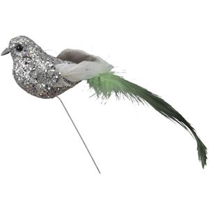 6x Zilveren decoratie glitter vogeltjes op draad 15 cm - Vogels op stekers - Kerstversiering/woondecoratie