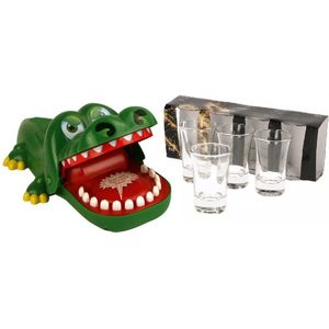 Vrijgezellenfeestje drankspellen bijtende krokodil met kiespijn - Inclusief 4 stuks gratis shotglazen