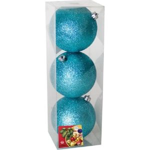 Gerimport Kerstballen - 3 stuks - ijsblauw - glitters - kunststof - 10cm