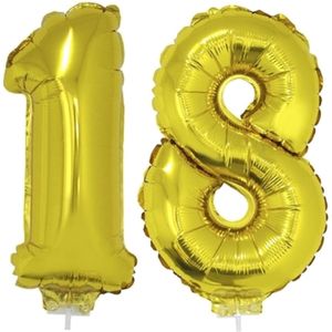 18 jaar leeftijd feestartikelen/versiering cijfers ballonnen op stokje van 41 cm - Combi van cijfer 18 in het goud