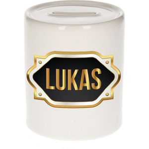 Lukas naam cadeau spaarpot met gouden embleem - kado verjaardag/ vaderdag/ pensioen/ geslaagd/ bedankt