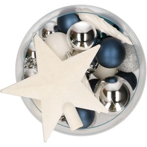 Decoris kerstballen set - 33x stuks - blauw/wit/zilver - kunststof - met piek
