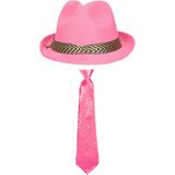 Carnaval verkleedset Classic - hoed en stropdas - roze - heren/dames - verkleedkleding accessoires