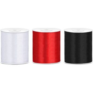 3x rollen satijnlint zwart-wit-rood 10 cm x 25 meter - Hobby cadeaulint sierlint