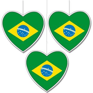 3x stuks brazilie vlag hangdecoratie hartjes vorm karton 14 cm - Brandvertragend - Feestartikelen/decoraties