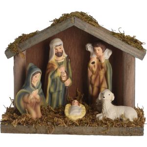 Porseleinen kerststalletje met 5 kerstbeelden/kerstfiguren 14 cm - Kerstdecoratie kerststallen/kerststalletjes
