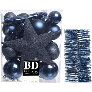 Kerstballen 5-6-8 cm 32x st met ster piek en slingers donkerblauw - kunststof
