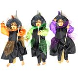 Creation decoratie heksen pop - vliegend op bezem - 35 cm - zwart/groen - Halloween versiering