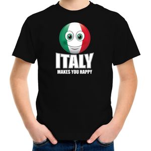 Italy makes you happy landen t-shirt Italie met emoticon - zwart - kinderen - Italie landen shirt met Italiaanse vlag - EK / WK / Olympische spelen outfit / kleding