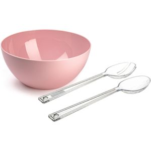 Salade serveer schaal - roze - kunststof - Dia 28 cm - met sla couvert/bestek