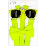 Carnaval verkleed set compleet - glitter hoedje/bretels/party bril/strikje - fluor geel - heren/dames - verkleedkleding