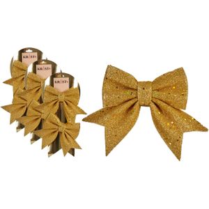 6x stuks kerstboomversieringen kleine ornament strikjes/strikken gouden glitters 14 x 12 cm - Met ophanging