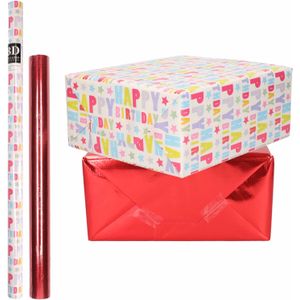 6x Rollen kraft inpakpapier happy birthday pakket - metallic rood 200 x 70/50 cm - cadeau/verzendpapier