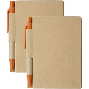 Notitie/opschrijf boekje met balpen - harde kartonnen kaft - beige/oranje - 2x8cm - 80blz gelinieerd - blocnotes