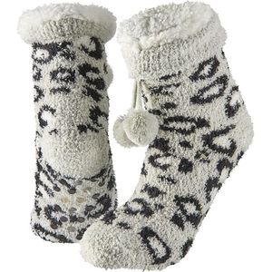 Grijs/witte luipaardvlekken gevoerde huissokken/slofsokken voor dames - Maat 36-41 - Extra warme sokken voor de winter - Warme voeten