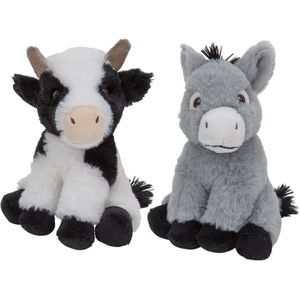 Pluche Boerderijdieren Knuffels Koe en Ezel Setje van 19 cm en 16 cm