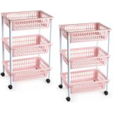 2x stuks opberg organiser trolleys/roltafels met 3 manden 62 cm in het oud roze - Etagewagentje/karretje met opbergkratten