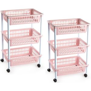 2x stuks opberg organiser trolleys/roltafels met 3 manden 62 cm in het oud roze - Etagewagentje/karretje met opbergkratten