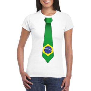 Wit t-shirt met Braziliaanse vlag stropdas dames -  Brazilie supporter