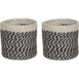 3x stuks naturel zwart rotan planten/bloemen pot mand van gedraaid jute/riet/zeegras H16 en D16 cm - Met plastic binnenkant