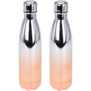 2x stuks RVS thermosflessen / isoleerflessen voor onderweg 500 ml metallic oranje/roze - Thermoflessen