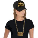 Foute party Mrs. FOUT verkleed set pet zwart/goud voor dames met een plastic gouden sexy ketting