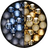 40x stuks kleine kunststof kerstballen donkerblauw en goud 3 cm - Kerstversiering