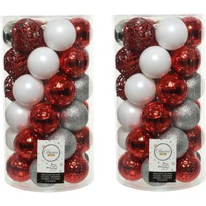 74x stuks kunststof kerstballen zilver/rood/wit 6 cm - mat/glans/glitter - Onbreekbare plastic kerstballen