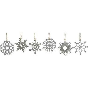 6x Houten sneeuwvlok kersthangers zilver 6 cm - Kerstboomversiering