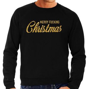 Foute Kersttrui / sweater - Merry Fucking Christmas - goud / glitter - zwart - heren - kerstkleding / kerst outfit