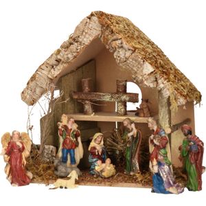 Complete kerststal met kerststal beelden - 30 x 18 x 26 cm - hout/mos/polyresin