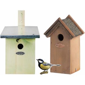 Voordeelset van 2x stuks houten vogelhuisjes/nestkastjes 33 x 17 cm/22 x 16 cm - In lichtgroen en houtkleur