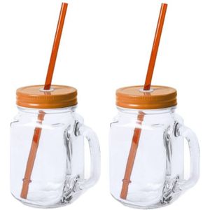 8x stuks Glazen Mason Jar drinkbekers oranje dop en rietje 500 ml - afsluitbaar - Koningsdag feest/supporters/fans artikelen